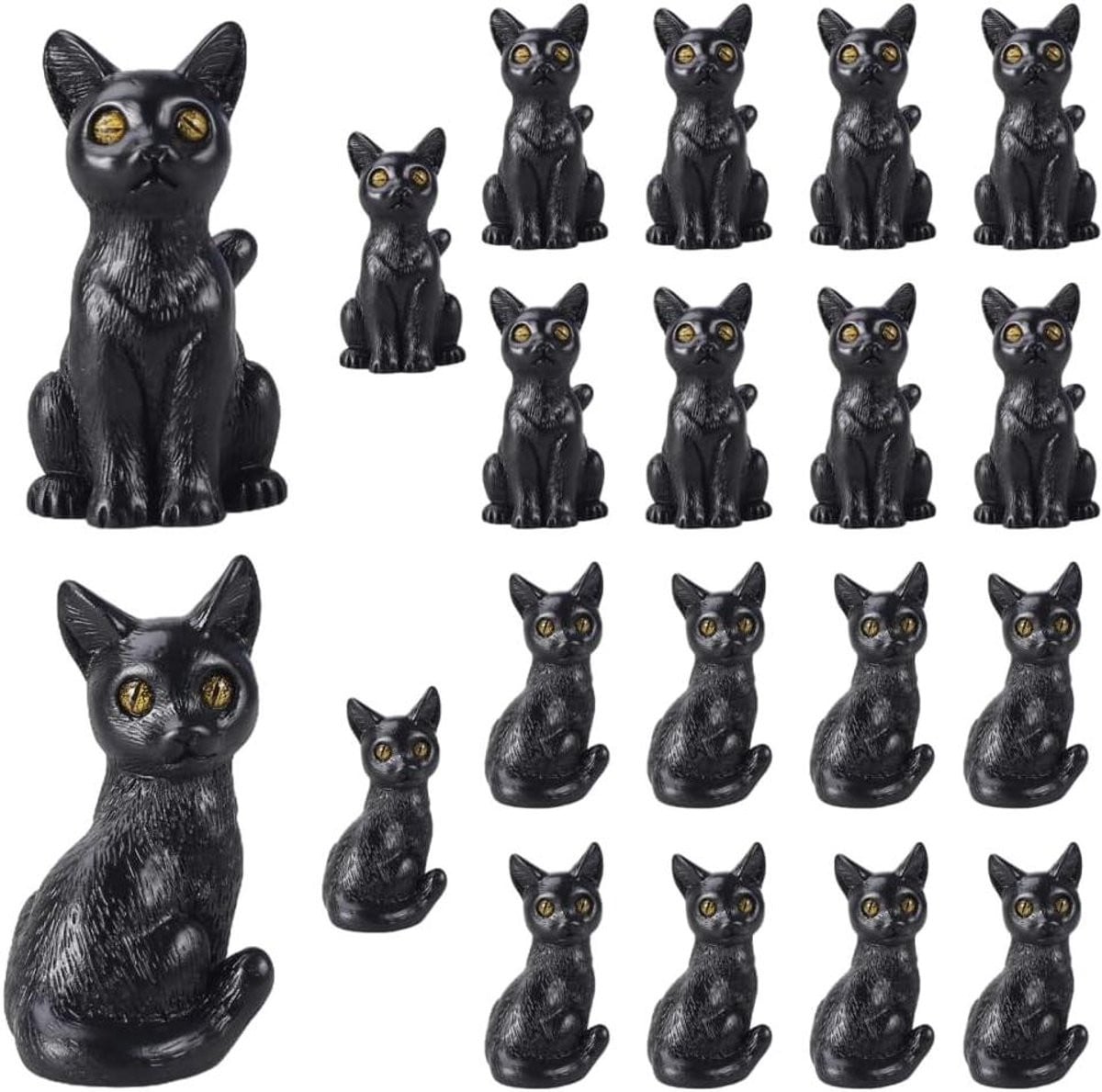 Set van 20 zwarte mini kattenbeeldjes van weerbestendige hars voor decoratie