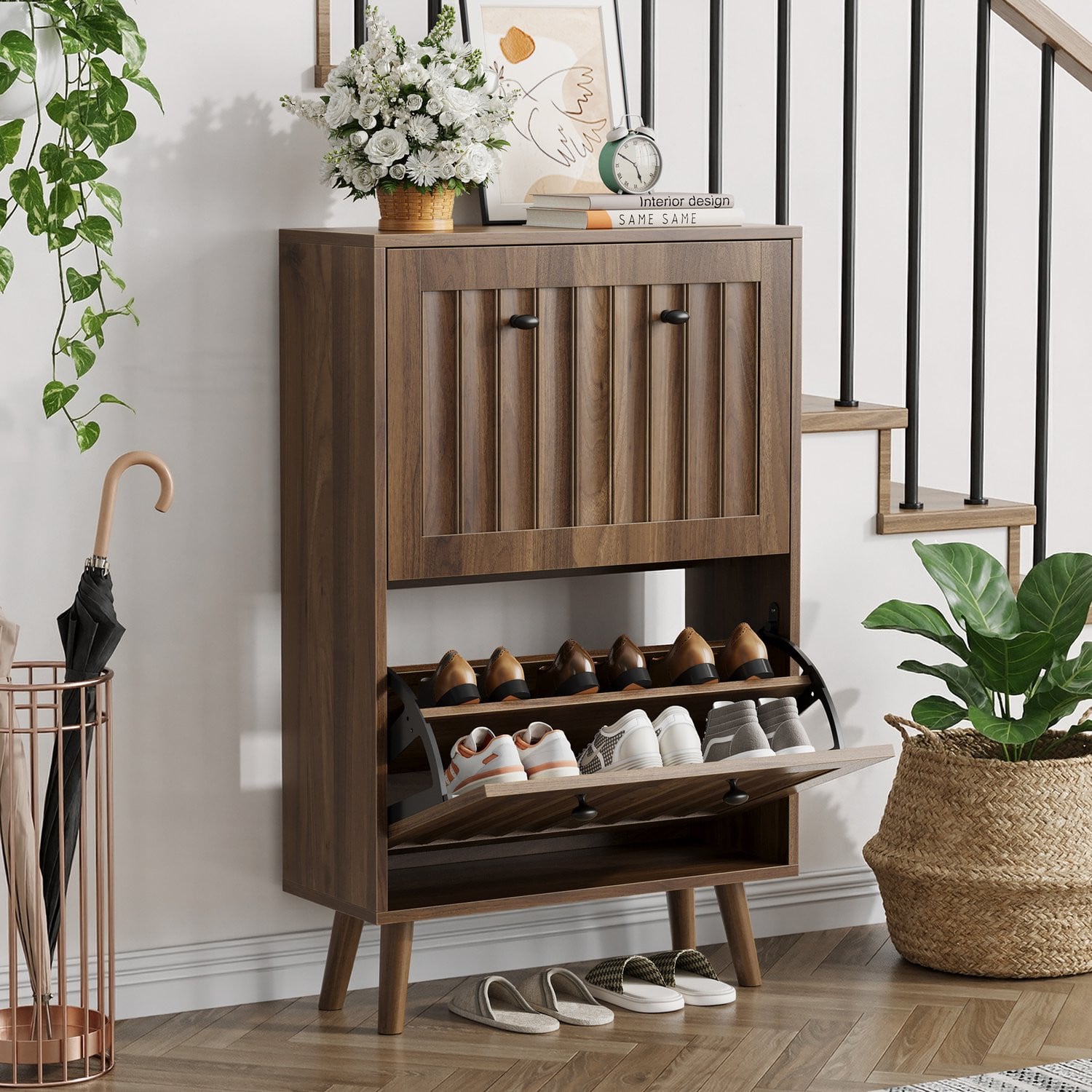 CHICFURN Wandgemonteerde Schoenenkast met Open Plank in Walnootkleur