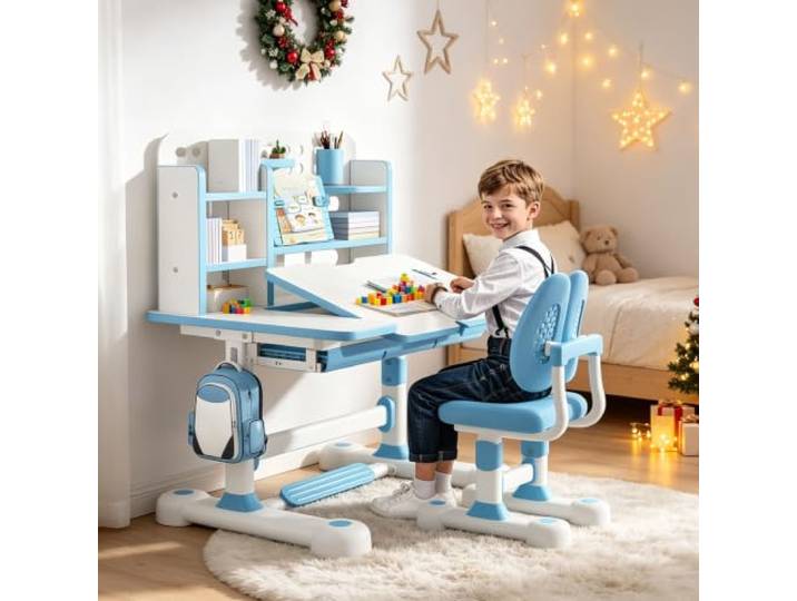 Schreibtisch- und Stuhl-Set für Kinder, höhenverstellbar, Schreibtisch und Kindertisch- und Stuhl-Sets mit 0-50° neigbarem Schreibtisch, verbreiterter Schreibtisch, ergonomischer Stuhl