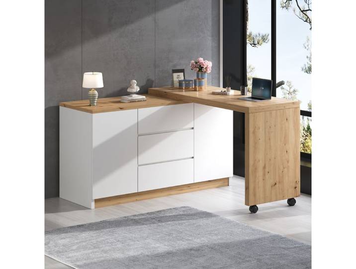 Bureau D Angle Pliant Blanc Chene Secretaire Pivotant FloraGrace Pour Bureau 2 Portes 3 Tiroirs 120x50x76 5cm