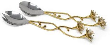 Classic Touch Gold Salad Server Set with Large White Enamel Flowers