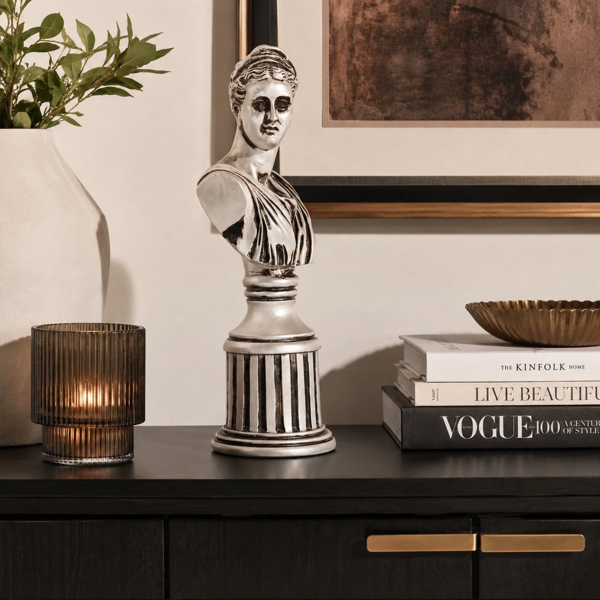 Klassiek Apollo Beeld op Sokkel – Zilver Zwart Polyresin Buste – Grieks Romeins Standbeeld – Decoratief Kunstbeeld voor Interieurdecoratie