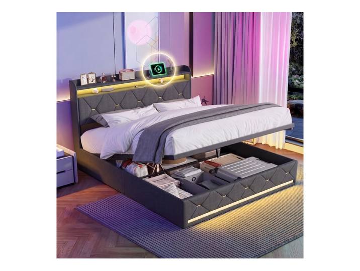 PXloue Polsterbett LED Doppelbett, Bettkasten, Ladefunktion, Leinen, 160x200 cm