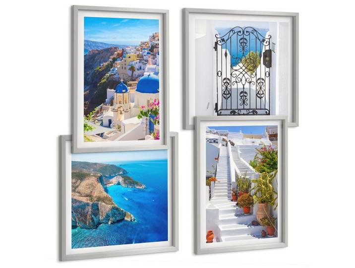 BILDER SET 4er Set - 50x50 cm & 40x60 cm Silberner Rahmen - Griechische Architektur auf Santorin, Oia