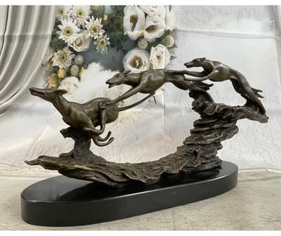 Bronzhaus Bronze Sculpture 3 Wild Dogs Running Greyhound Dog Marble Base Figurine Signed Original 10 Inches X 20 Inches