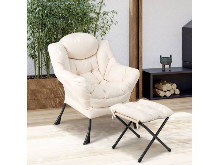 GIANTEX Fauteuil Relax avec Repose-Pied Pliable et Oreiller- Fauteuil Rembourré Moderne- pour Salon/Bureau- Charge 150 kg- Beige