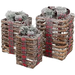 LED GESCHENKBOXEN 3er Set Warmweiß Braun Rattan batteriebetrieb Timer