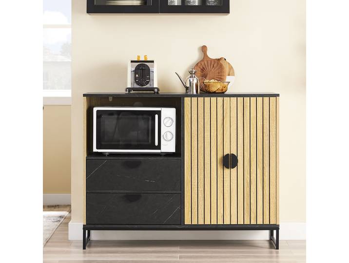 SoBuy FSB103-N Armoire de cuisine Buffet avec compartiment micro-ondes (Ø 6cm) et porte à lattes Chêne-Noir 107x40x85cm