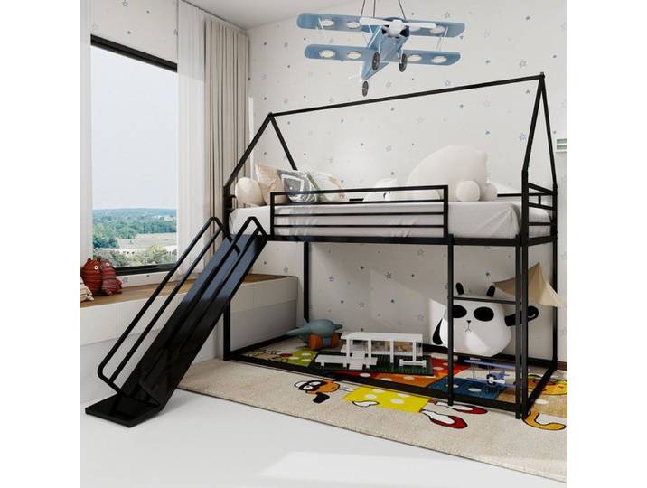 Lit Superposé avec Toboggan - lit Mezzanine 2 Places Cadre de Lit Cabane Enfants avec échelle Pour Enfants Adolescents - Noir