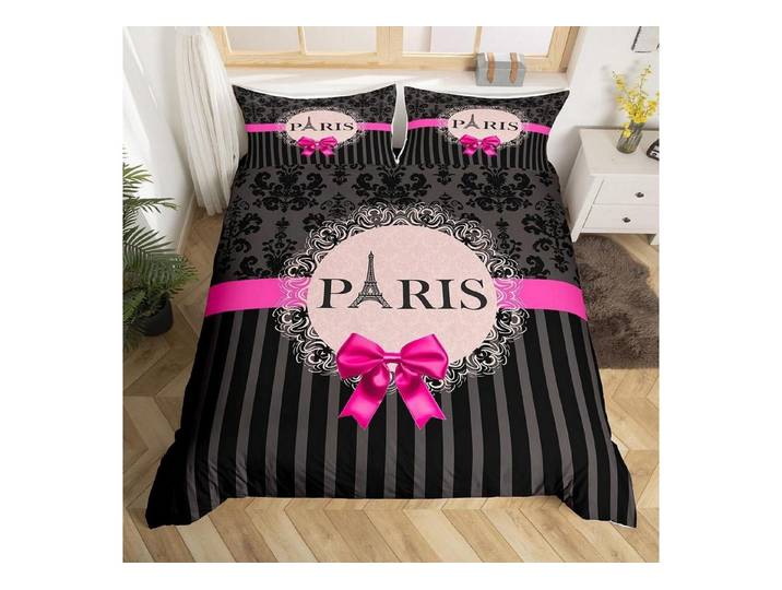LuxusKollektion Jugendbettwäsche Bettwäsche Set 200x200cm Eiffelturm Schwarz Grau Rosa