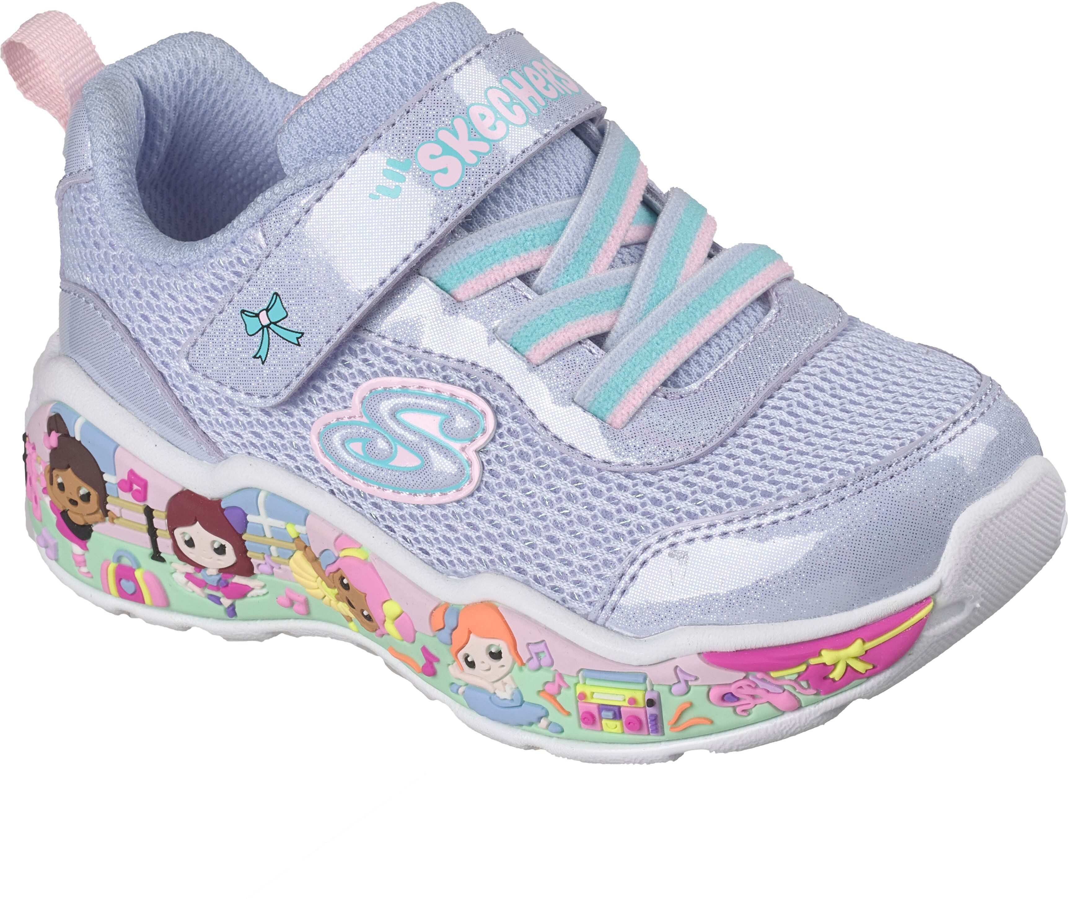 Lauflernschuh SKECHERS "PLAY SCENE-FUN SQUAD", Mädchen, Gr. 23, hellblau, flieder, Lederimitat, Mesh, kontrastfarbene Details, Schuhe Lauflernschuh, Sneaker mit bunten Motiven verziert, Grössenschablone zum Download hellblau, flieder 23