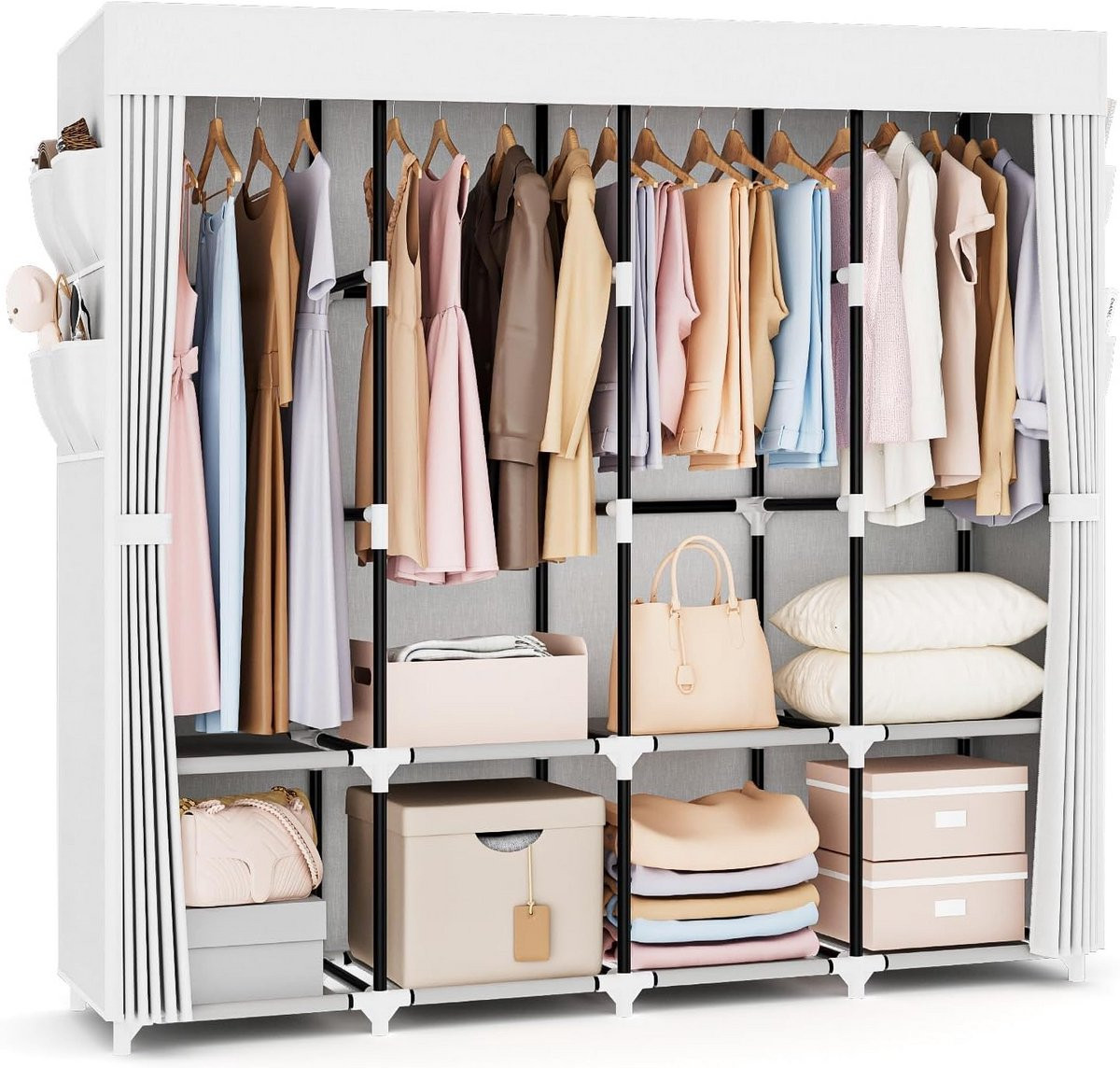 Freestanding kledingkast voor de slaapkamer met metalen en textiele elementen
