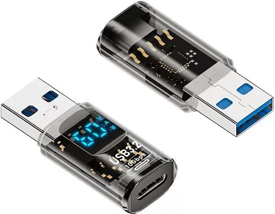 INF TYPE-C Buchse auf USB Stecker Adapter mit Digitalanzeige, Transparent Schwarz (2er-Pack)