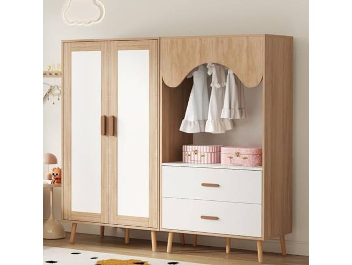 BTM Kleiderschrank Set Kinderzimmer Schrank-Set Kleiderschrank 2 türig und Offener Kleiderschrank mit Stange und Schubladen Weiß