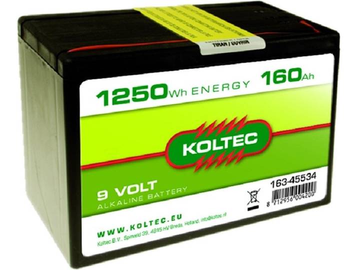 Koltec 9 Volt Batterij - 1250 WH / 160 Ah - Alkaline Krachtige Oplossing voor Schrikdraadapparaten