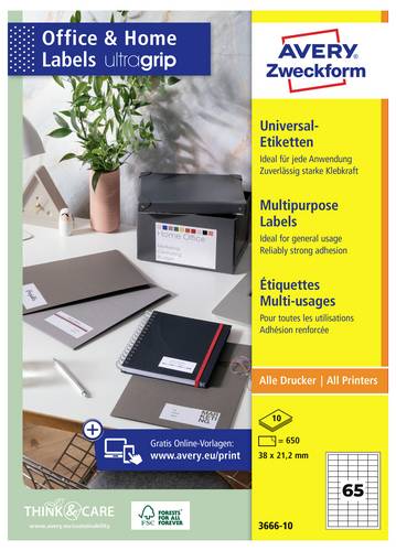 Avery-Zweckform 3666-10 Universal-Etiketten 38 x 21.2mm Papier Weiß 650 St. Permanent haftend Tintenstrahldrucker, Laserdrucker
