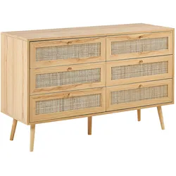 KOMMODE 6 Schubladen Rattan Helles Holz Perote