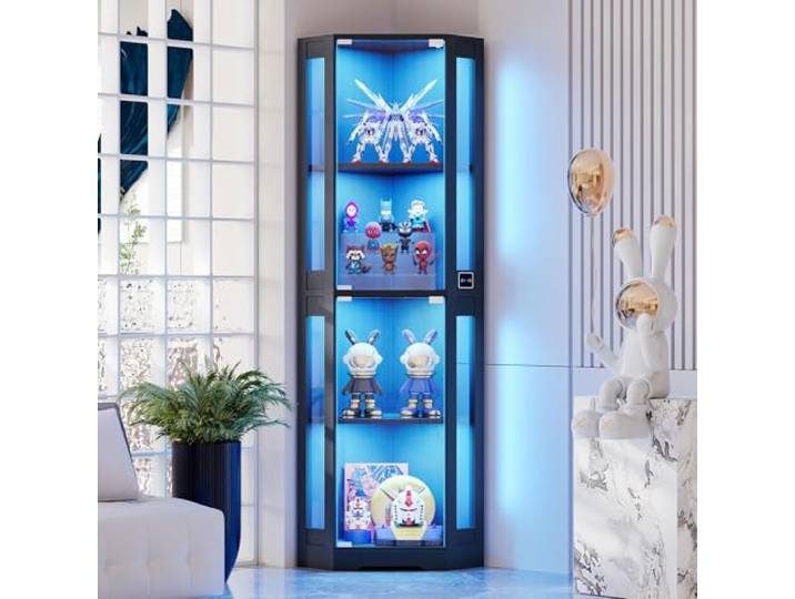 BROTTAR 165 cm Eckvitrine aus Glas mit Glastüren und LED-Beleuchtung