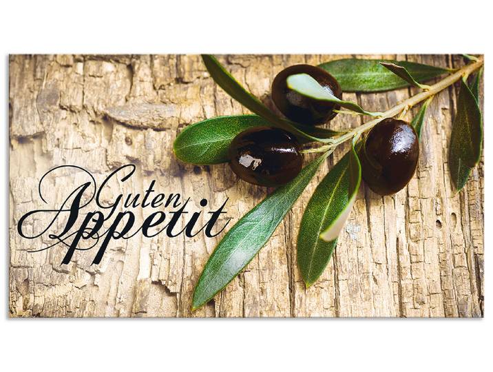 Küchenrückwand ARTLAND Oliven Guten Appetit , braun, B:90cm H:50cm, Aluminium, Spritzschutzwände, Alu Spritzschutz mit Klebeband, einfache Montage