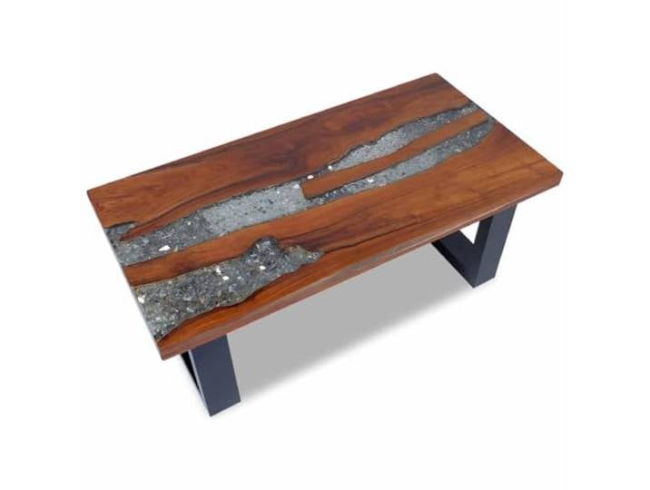 LASWWQMRF Couchtisch Echtholz Teak Harz Rechteckig 100x50x40 cm Handgefertigter Beistelltisch aus Teakholz und Harz für das Wohnzimmer mit schwarzem Mangoholz-Gestell.
