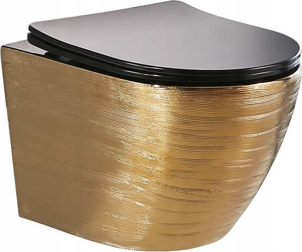Wandhängende Toilette Spülrandlos Keramik Klo Wand WC + Klositz Absenkautomatic Soft Close; Gold-Schwarz