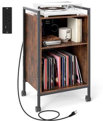 Costway Mobile Record Player Stand with Power Outlet-Rustic Brown