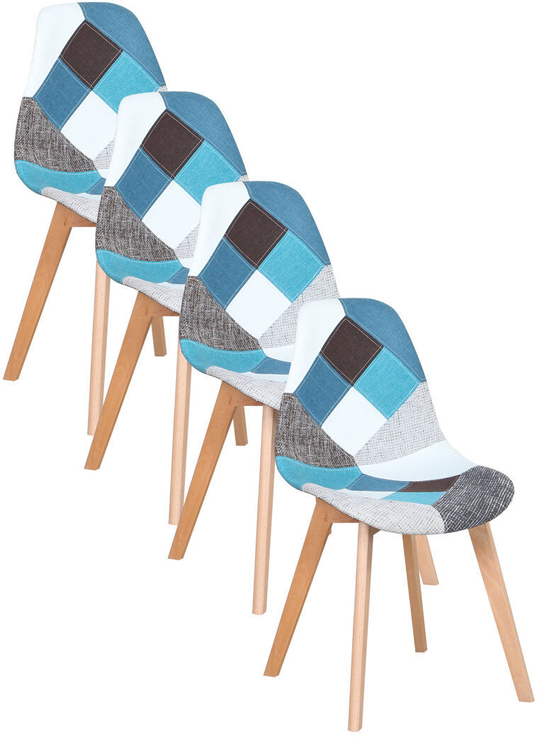 Norden Home 40.5cm Patchwork Linen Nordic style Dining Chairs with Solid Wood Legs Blue 85cm H X 47cm W X 44cm D