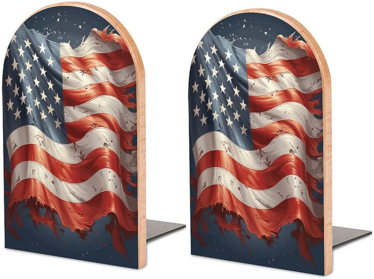 Boekensteunen Hout met Stars And Stripes Print - Groot - Houtkleur