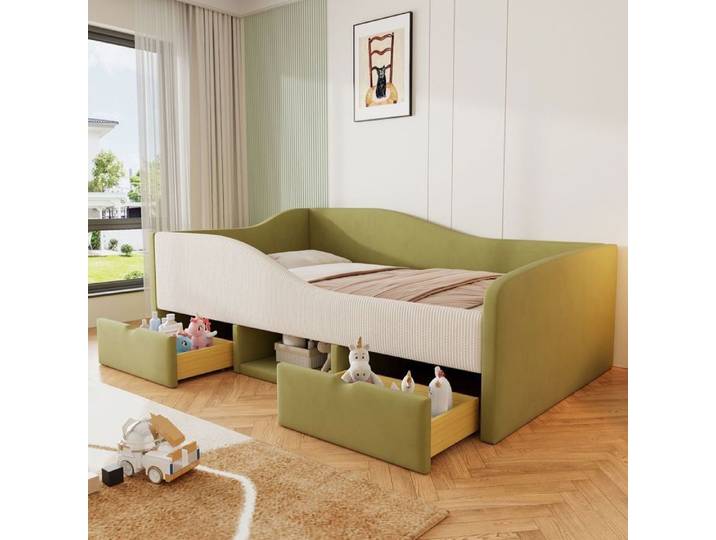 Lit enfant - Canapé-lit rembourré multifonction - Velours - 2 tiroirs - Sommier inclus