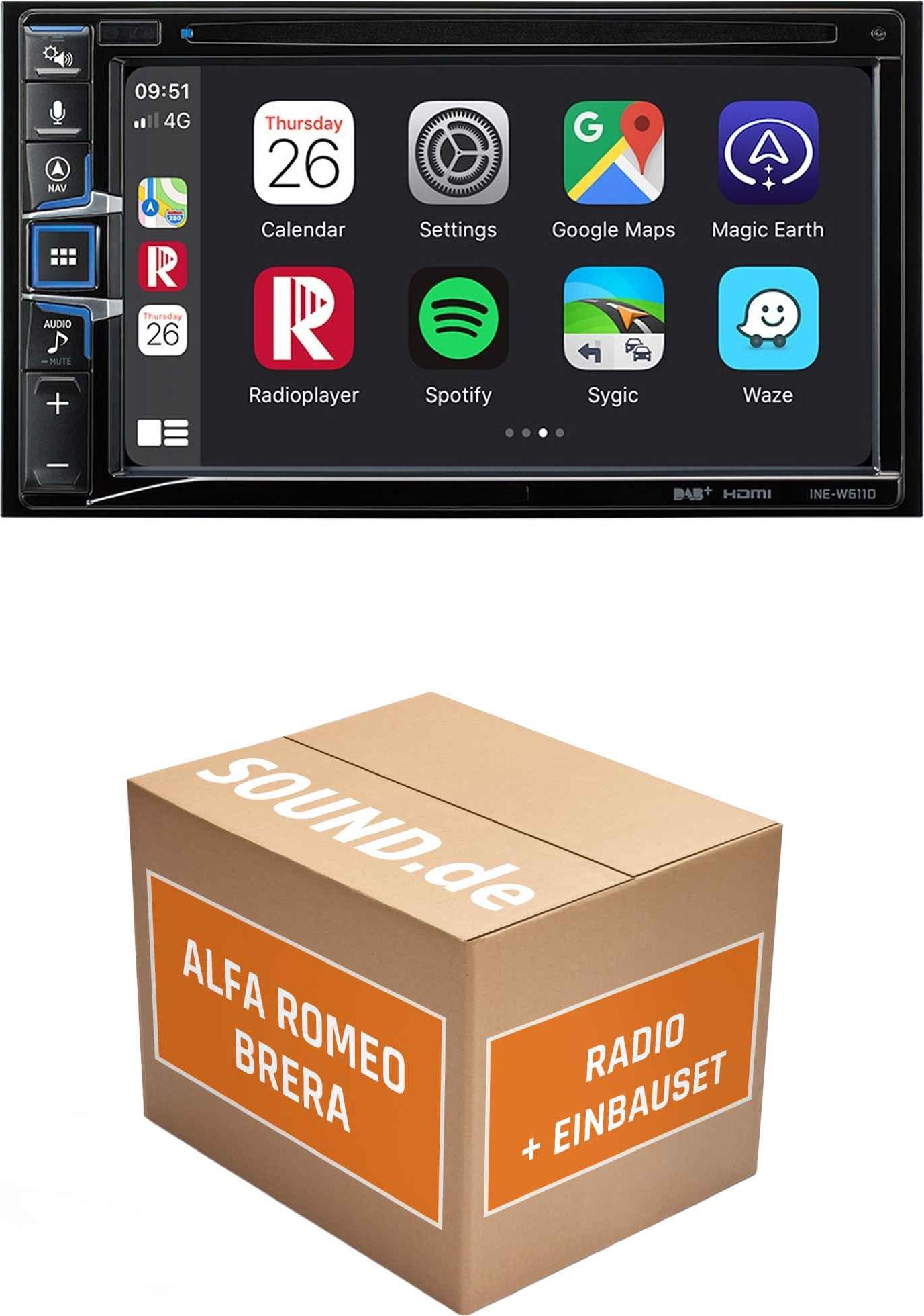 Autoradio Einbaupaket Alpine INE-W611D passend für Alfa Romeo Brera + Navigation | Navigationssystem CD-/DVD-Laufwerk