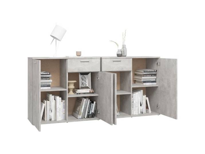 Buffet Gris béton - WIENS - 160x36x75 cm - Bois d'ingénierie - 4 portes - 2 tiroirs - Montage requis