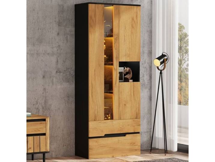 Vitrine Salon 70x35x180cm Meuble de Rangement avec LED 3 Portes et 2 Tiroirs Design Combiné Bois-Noir Bibliothèque Mode VITRINE