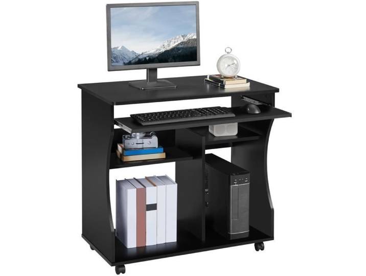 Bureau Informatique Yaheetech - Noir - Avec Roulettes et Grand Support Clavier Coulissant - 80x48x76 cm