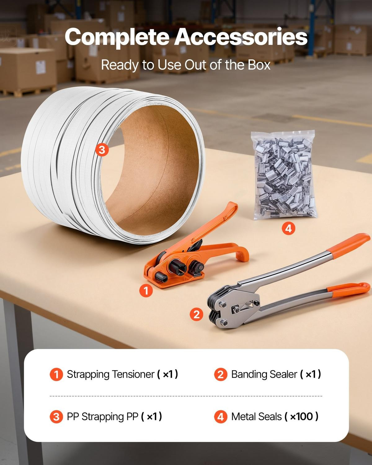VEVOR Bundelbandset met handmatige bundelbandmachine, 100 meter PP-bundelband en 100 metalen afsluitingen, oranje