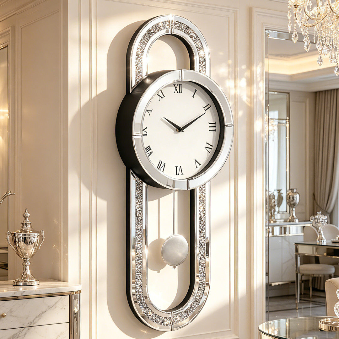shyfoy 30x80cm Luxury Mirrored Wall Clock, Crushed Diamond Inlay Accent Clock Silver 30cm W X 80cm H X 8.7cm D