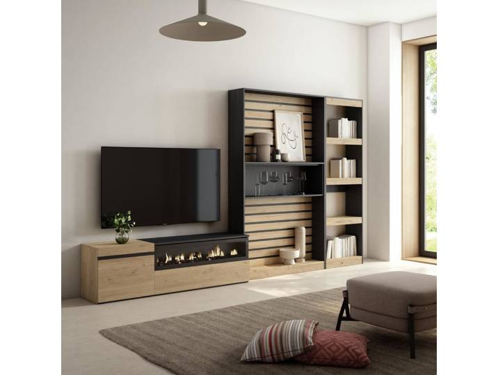 Ensemble tv effet bois de chêne noir 320x35x186cm cheminée effet feu