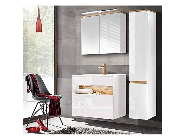 Lomadox Badkamermeubelset, 80 cm onderkast met keramische wastafel, hoogglans wit met Wotaneik, hoge kast en led-spiegelkast