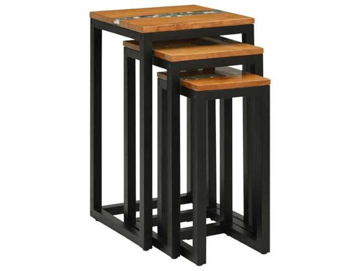 Roanoer Nestingtisch 3er Set Braun Massivholz Teak Beistelltisch Eckig Stapelfähiges Design spart Platz im Wohnzimmer. Unikate Holz-Harz-Oberfläche auf robustem Stahlgestell.