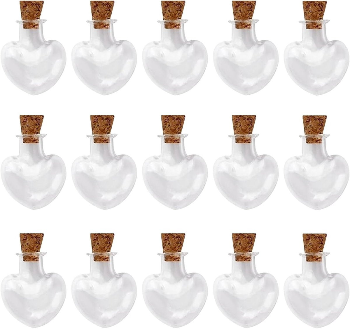 Set van 15 transparante glazen mini hartflesjes met kurken deksel voor decoratieve opslag