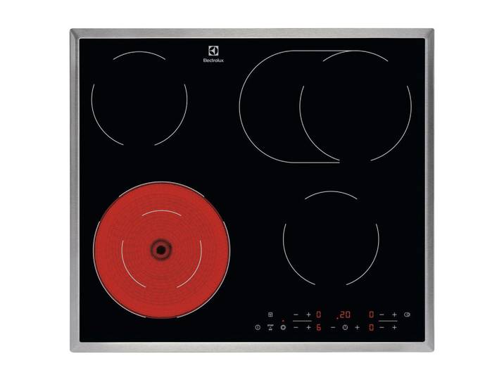 Electrolux Glaskeramikkochfeld, Schwarz, Metall, Glas, 57.6x3.8x50.6 cm, Kindersicherung, Hauptschalter, Bräterzone, Restwärmeanzeige je Kochzone, Kurzzeitwecker, Edelstahlrahmen, Küchen, Küchenelektrogeräte, Kochfelder, Glaskeramik-Kochfelder