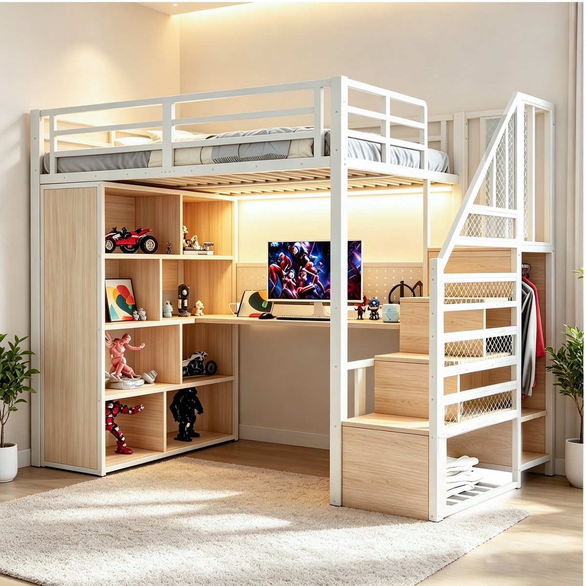 Metalen Hoogslaper voor Kinderkamers met Ladder, Opbergruimte en LED-verlichting - Wit - 90 x 200 cm