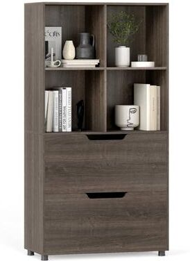 Costway 4-Cube Bookcase with 2 Drawers 51 inch 5-Tier Tall Freestanding Bookshelf-Gray