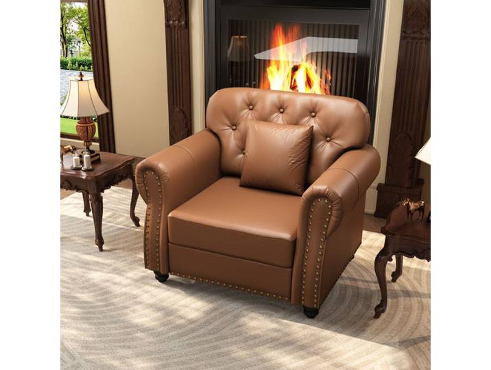 Fauteuil Chesterfield 1 Place Revêtement Similicuir Marron Dossier Capitonné Accoudoirs Arrondis 105x76x86 cm