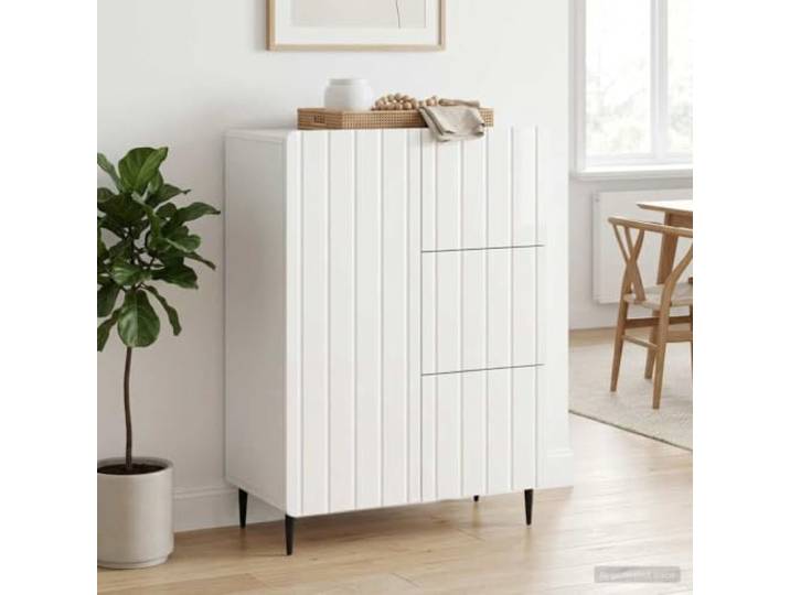 Sideboard Hochglanz Weiß 66 x 34,5 x 91,5 cm Holzwerkstoff mit Türen Sideboard Hochglanz Weiß, Holzwerkstoff, verstellbare Einlegeböden, Pendeltüren, Schubladen, konische Metallbeine