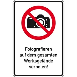 Schild I Kombischild Fotografieren Werksgelände verboten, Aluminium RA0, 600x900mm, DIN EN ISO 7010, nach StVO