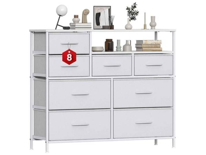 Commode blanche 8 tiroirs double étagère grande capacité cadre métal renforcé rangement anti-basculement
