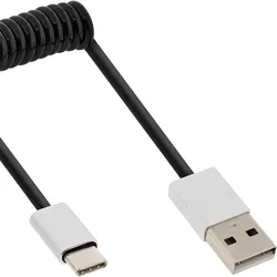 INLINE USB 2,0 Spiralkabel, USB-C ST an A ST, schwarz/Alu, flexibel, 2m