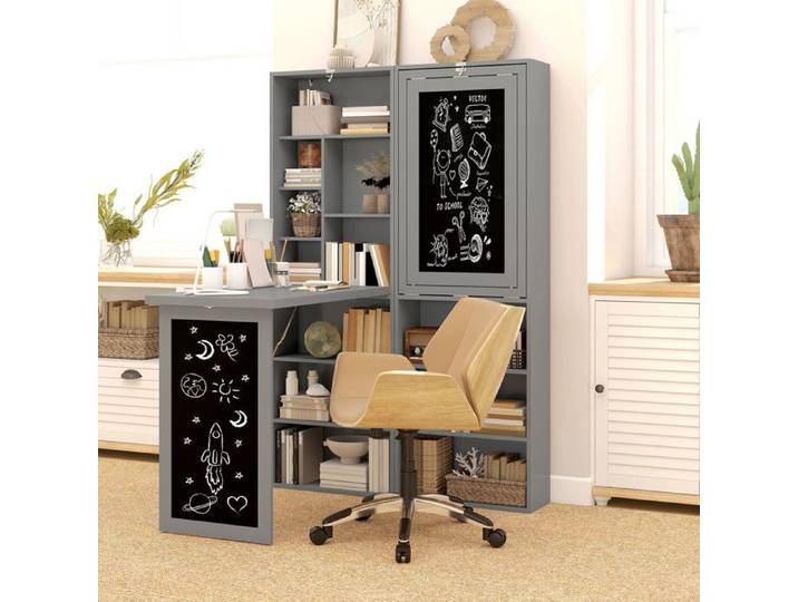 Bureau avec rangement pliable murale rabattable avec bibliothèque poste de travail tableau à craie et étagère réglable