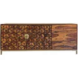 FineBuy, Kommode + Sideboard, Sideboard Anrichte Sheesham Massivholz 180 cm Kommode Türen Schubladen (180 x 40 x 70 cm)