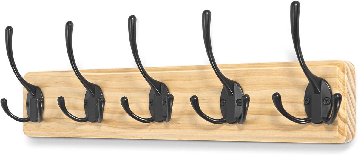 Houten wandgarderobe met 5 haken voor de entree, kinderkamer of badkamer